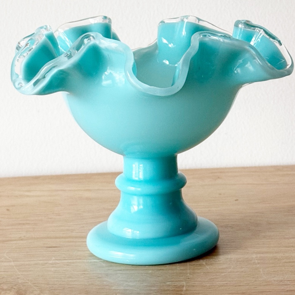 Vintage Fenton Silver Turquoise Crest Crimped Compote MCM Pedestal Bowl - Picture 2 of 16